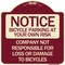 Signmission Bicycle Parking at Your Own Risk Company Not Responsible for Loss or Damage to Bicycle, BU-1818 A-DES-BU-1818-24323 - alternate 1
